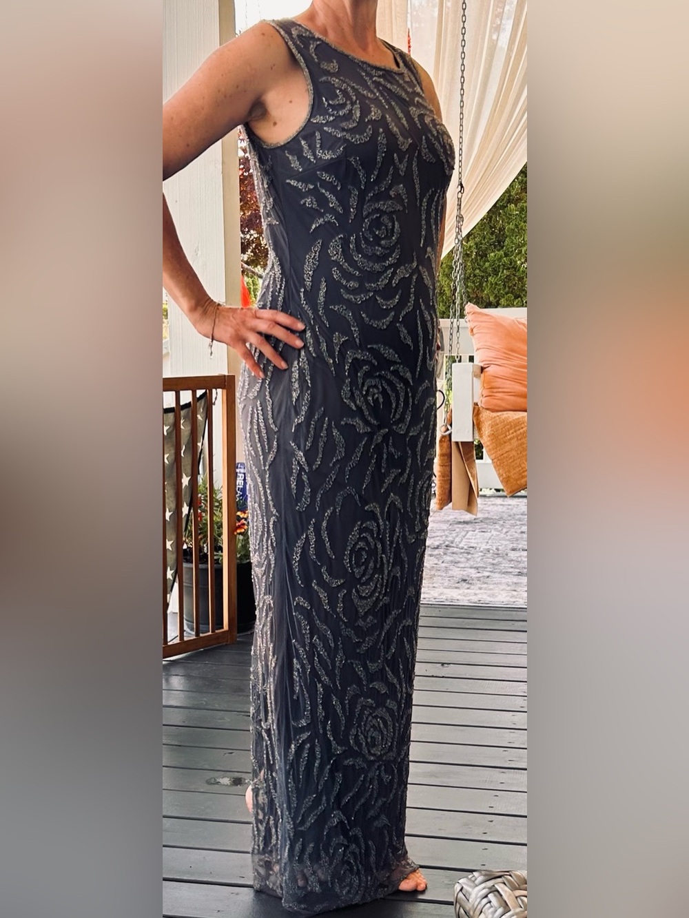 NWT Pisarro Nights Gray Beaded Floral Evening Gown Dress 12P Petite